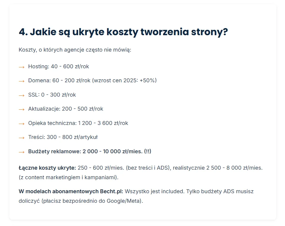 Infografika przedstawiająca ukryte koszty utrzymania strony internetowej - hosting od 40 do 600 złotych rocznie, domena od 60 do 200 złotych rocznie ze wzrostem cen o 50 procent w 2025 roku, certyfikat SSL od 0 do 300 złotych rocznie, aktualizacje WordPress i wtyczek od 200 do 500 złotych rocznie, opieka techniczna od 1200 do 3600 złotych rocznie, content marketing od 300 do 800 złotych za artykuł, budżety reklamowe Google Ads i Meta Ads od 2000 do 10000 złotych miesięcznie. Podsumowanie pokazuje realistyczne koszty miesięczne od 2500 do 8000 złotych.
