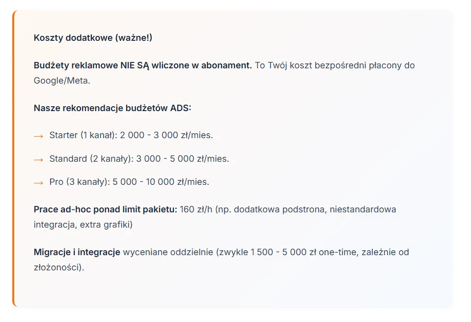 Zestawienie kosztów dodatkowych strony internetowej - budżety reklamowe Google Ads i Meta Ads poza abonamentem od 2000 do 10000 złotych miesięcznie (pakiet Starter 2000-3000 zł, Standard 3000-5000 zł, Pro 5000-10000 zł), prace ad-hoc 160 złotych za godzinę netto obejmujące drobne poprawki i modyfikacje, migracje strony od 1500 do 5000 złotych jednorazowo, integracje API z CRM ERP i systemami płatności od 2000 do 8000 złotych. Porównanie pokazuje co jest wliczone w abonament Becht.pl - hosting, domena, aktualizacje, opieka techniczna, content marketing, wsparcie SEO, monitoring i backupy.